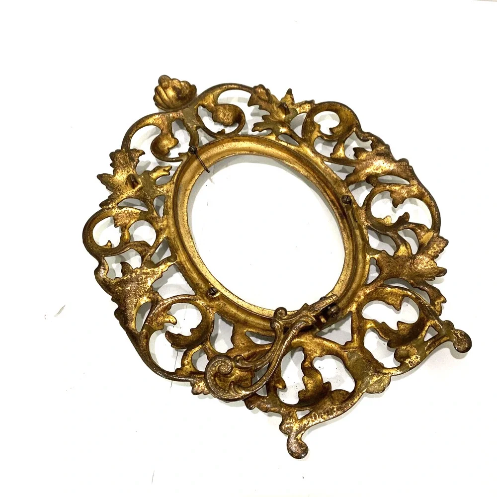 Vintage Cast Metal Frame Ornate Portrait Photo Holder Gold Victorian Oval FLAW